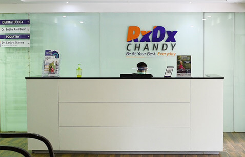 Entrance view of the RxDx Clinics branch at Chandy.
