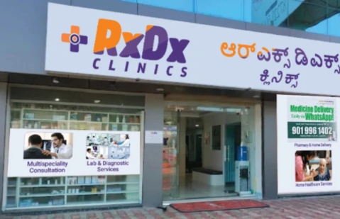 Street view of the RxDx Clinics branch located on Sarjapur Road.