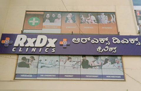 Front exterior signage of the RxDx Clinics branch in Kadugodi.